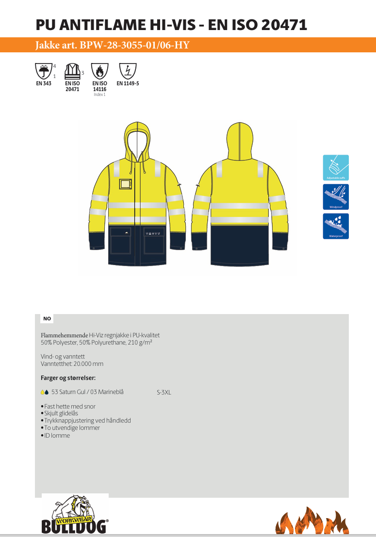 Bulldog regnjakke PU, gul/svart