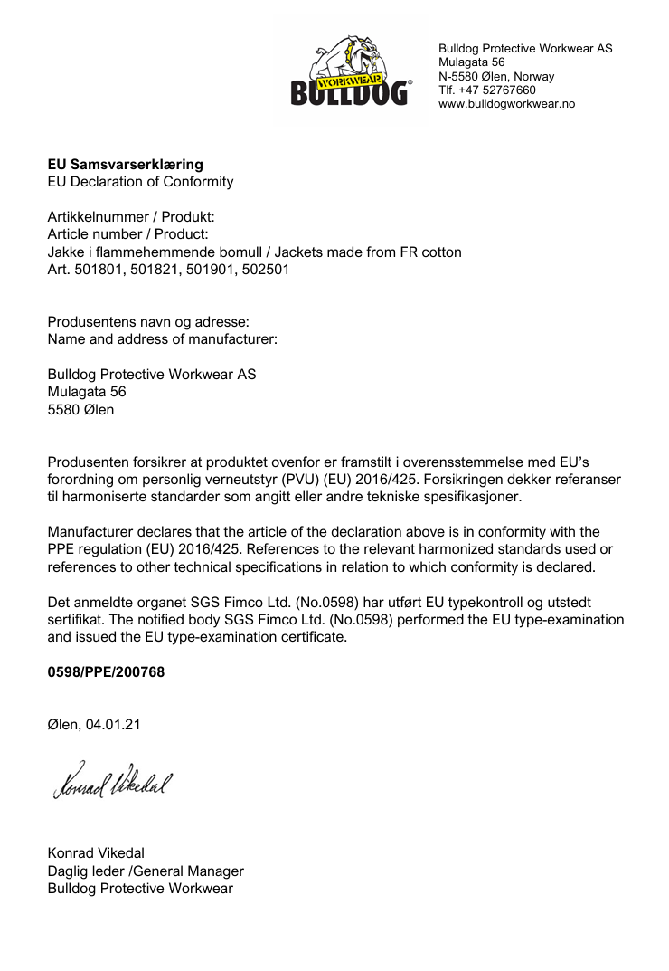 Bulldog jakke, rød,  Flammehemmende, offshore-refleks