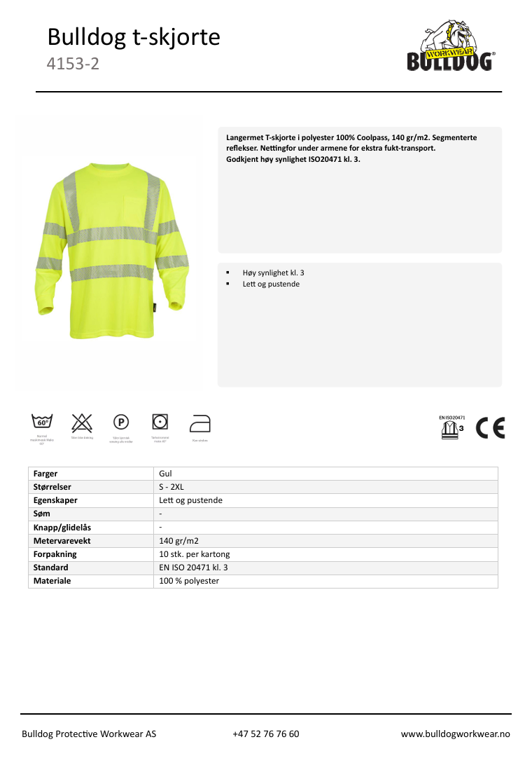Bulldog t-skjorte langermet,  Synlighet kl. 3