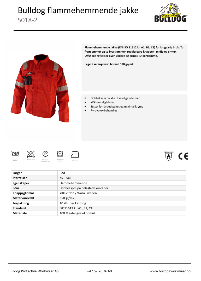 Bulldog jakke, rød,  Flammehemmende, offshore-refleks
