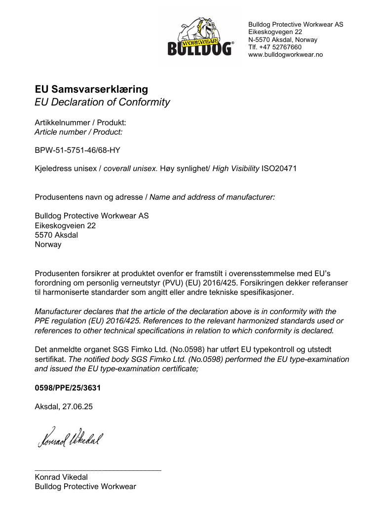 Bulldog kjeledress, svart/gul, Synlighet kl. 3