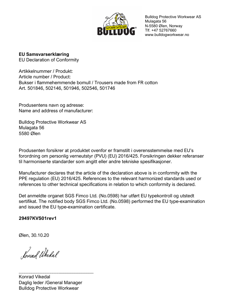 Bulldog bukse, oransje,  Flammehemmende, refleks