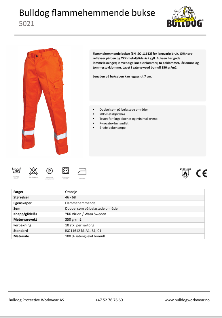Bulldog bukse, oransje,  Flammehemmende, refleks
