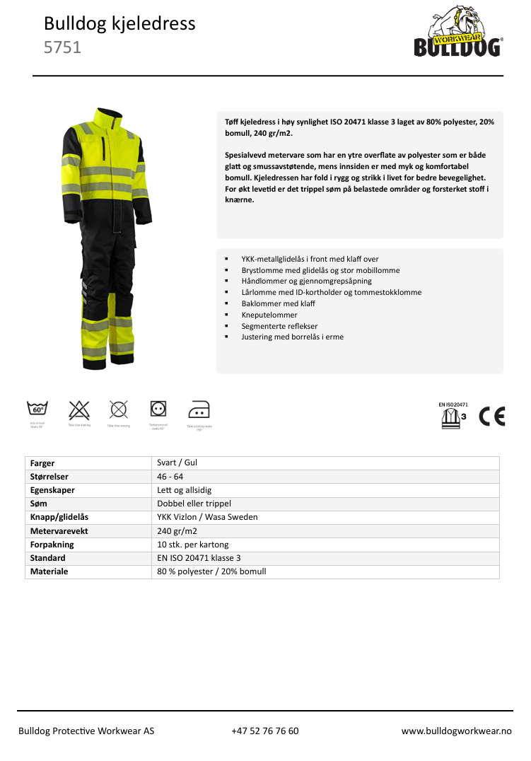 Bulldog kjeledress, svart/gul, Synlighet kl. 3