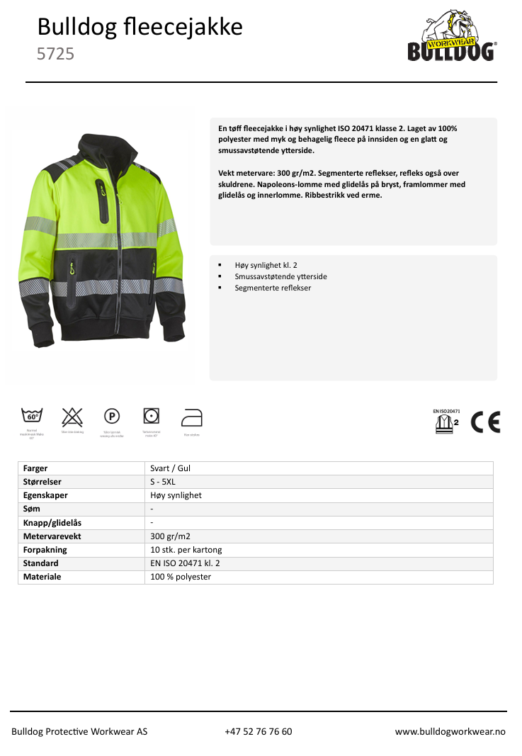 Bulldog fleecejakke, synlighet, Synlighet kl. 2