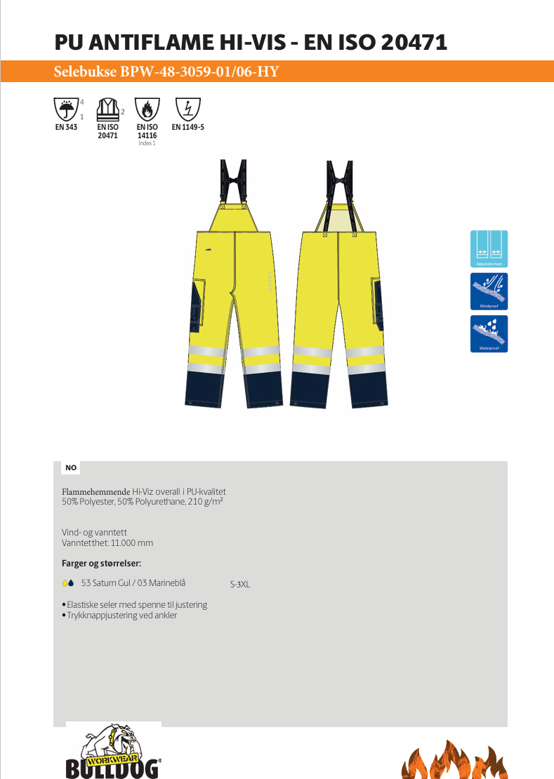 Bulldog regnbukse PU, gul/svart,